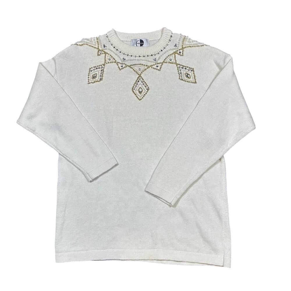 Vintage Pronto Moda Beaded Embellished Cream Ivory Sweater